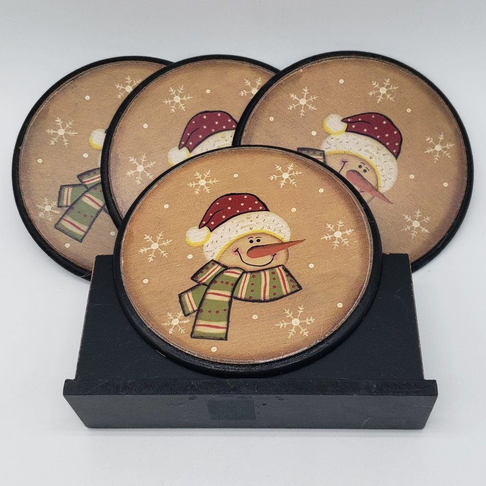 Vintage Wooden Set of 4 Snowman Snowflake Coasters with Holder